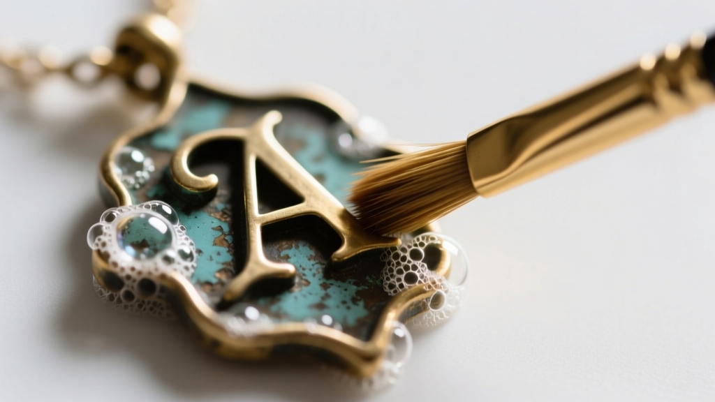 A soft brass jewelry brush gently cleaning oxidized crevices on a cast metal character pendant, with mild soap suds visible.