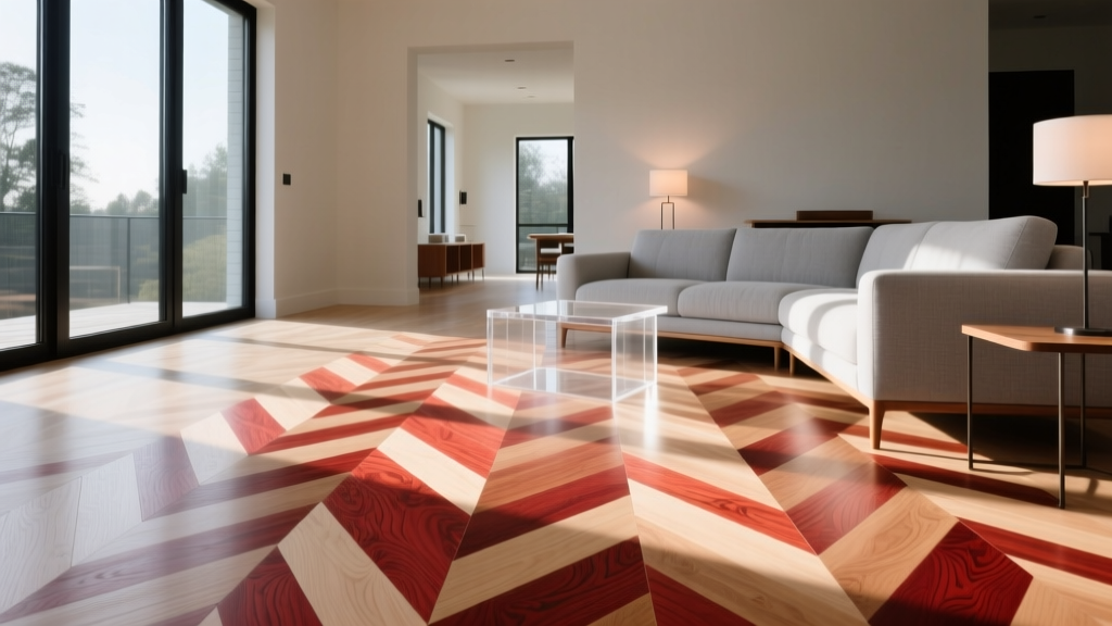 Close-up of contrasting red oak and white oak hardwood flooring planks installed in a herringbone pattern in a sunlit modern living room