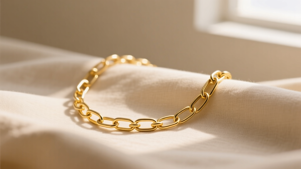 Close-up of a minimalist 18k yellow gold paperclip chain necklace resting on soft beige linen fabric in natural light.