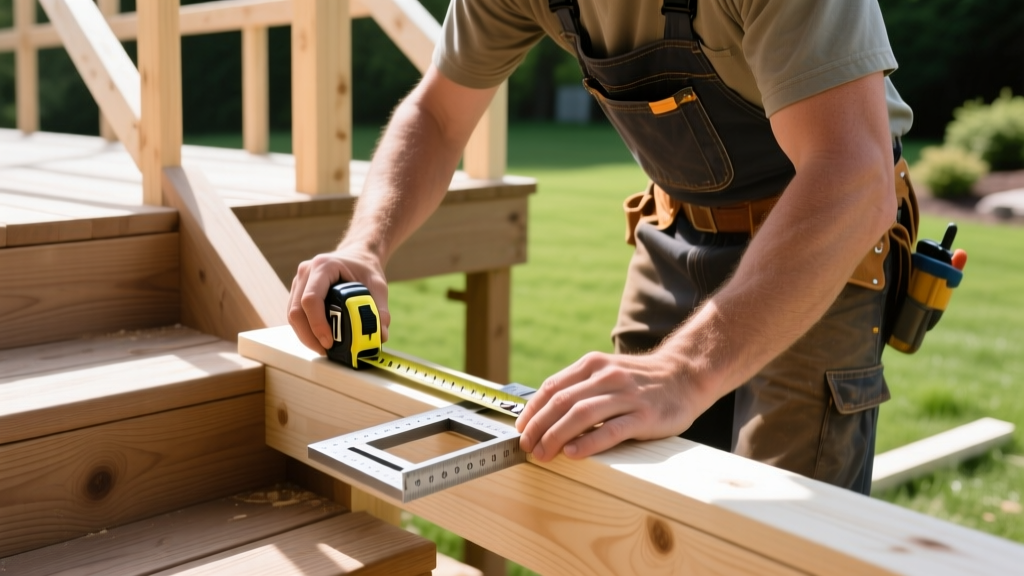 Carpenter measuring pressure-treated lumber stringers for a new wooden deck staircase with a tape measure and framing square outdoors