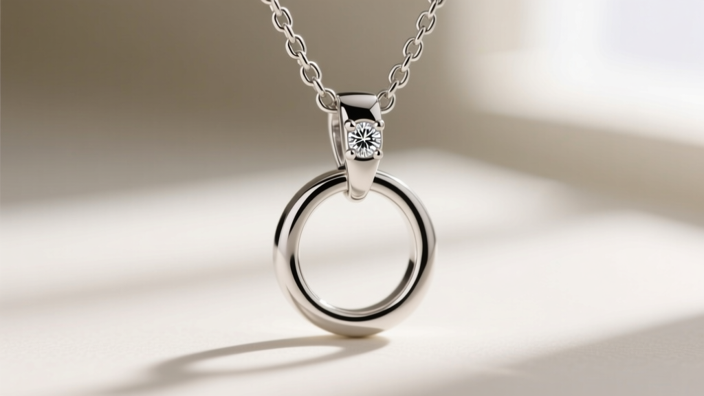 Macro shot of a hidden diamond bail connecting a 1.0mm box chain to a platinum circle pendant, highlighting the secure jump ring.