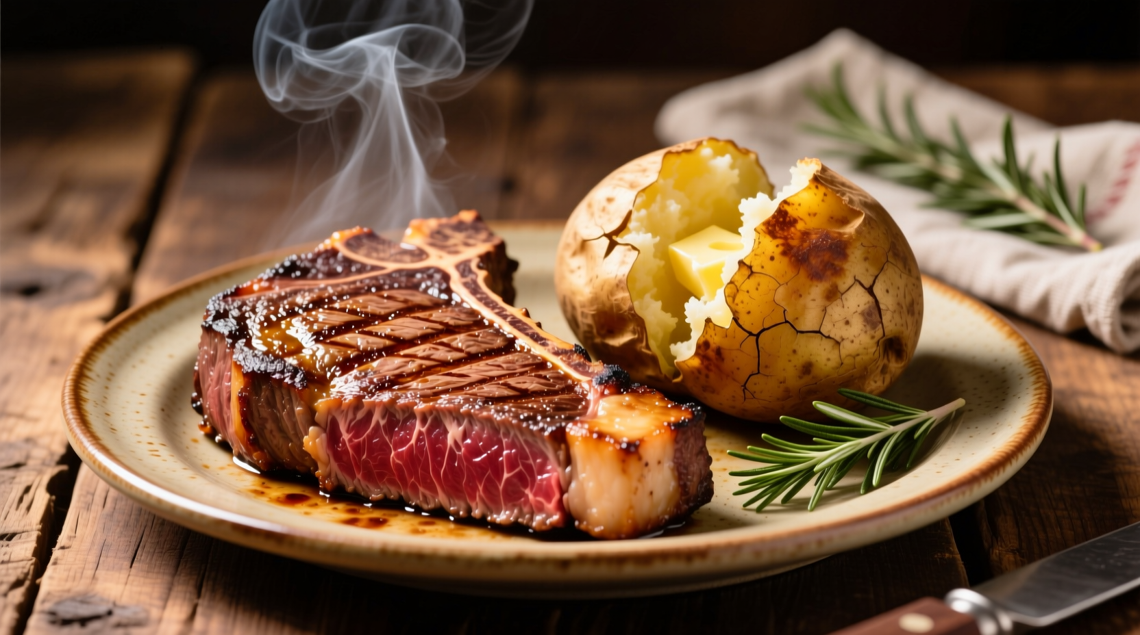 Perfectly cooked ribeye steak with crispy baked potato