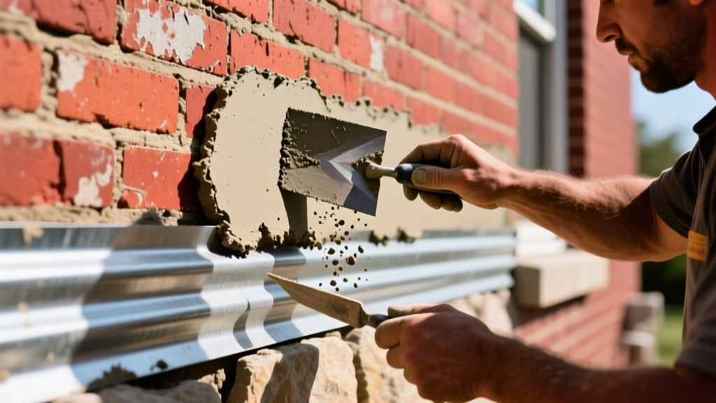 Mason applying Type S mortar scratch coat over galvanized metal lath on an exterior red brick wall for stone veneer