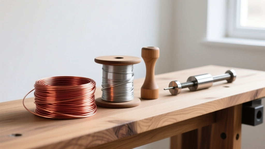 Dead soft copper and sterling silver wire spools next to a wooden mandrel and steel draw plate on a jeweler