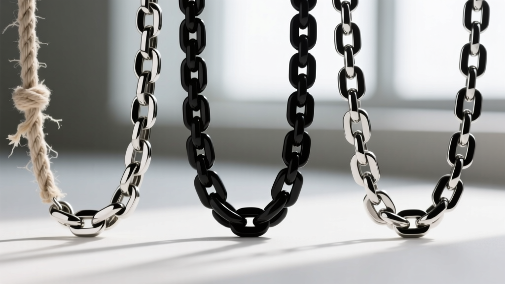 Macro photo comparing three black necklace chains: a frayed cotton cord, a PVD titanium chain, and black rhodium silver links.
