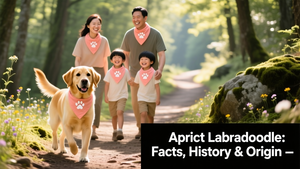 A happy family smiling with their Apricot Labradoodle on a hiking trail, all wearing matching bandanas