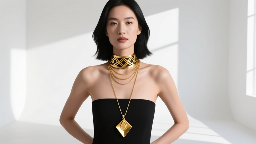 Woman wearing a layered 14-inch gold choker and 18-inch pendant necklace, demonstrating how mixing lengths optimizes visual impact