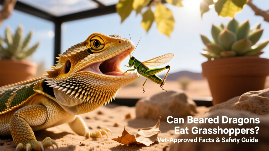 A bearded dragon mid-bite, holding a grasshopper in its mouth