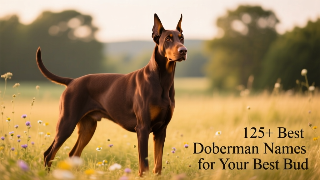 A rich brown Doberman standing alert and poised against a natural outdoor backdrop