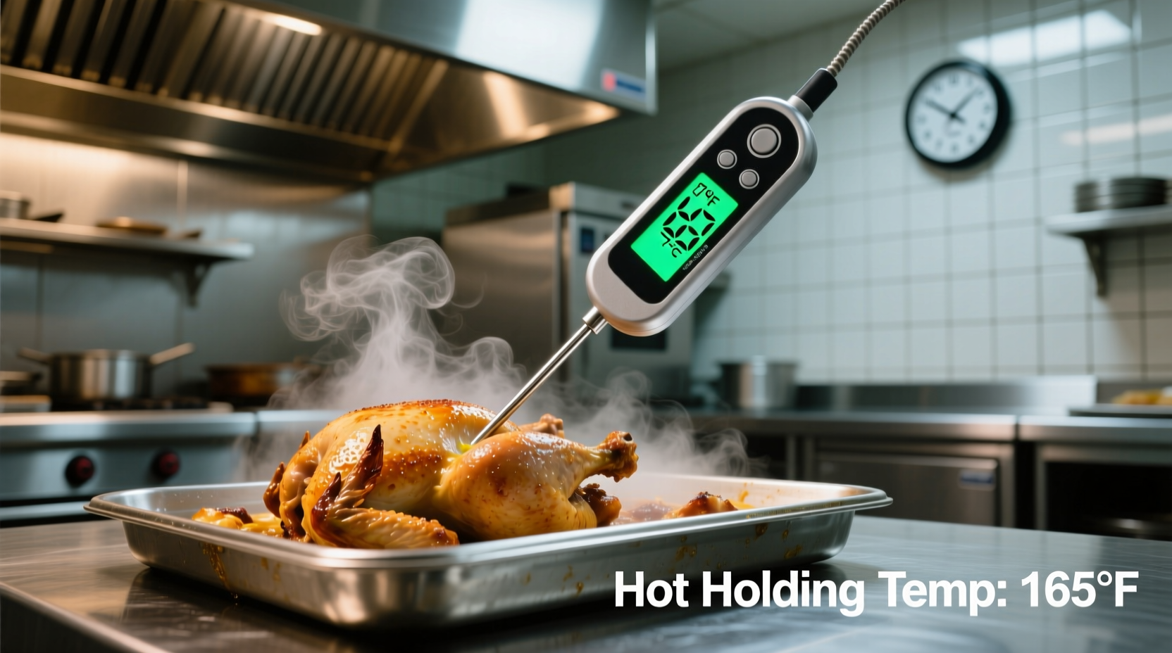 Food thermometer measuring hot holding temperature in commercial kitchen