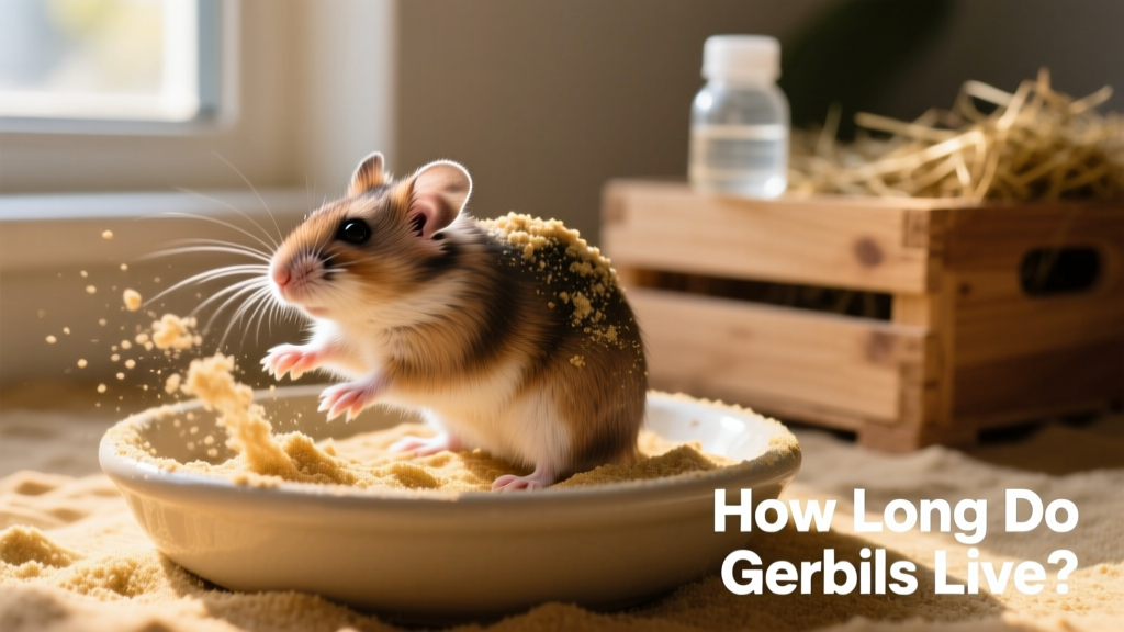 A gerbil mid-bath in a shallow dish of fine sand, kicking sand over its back