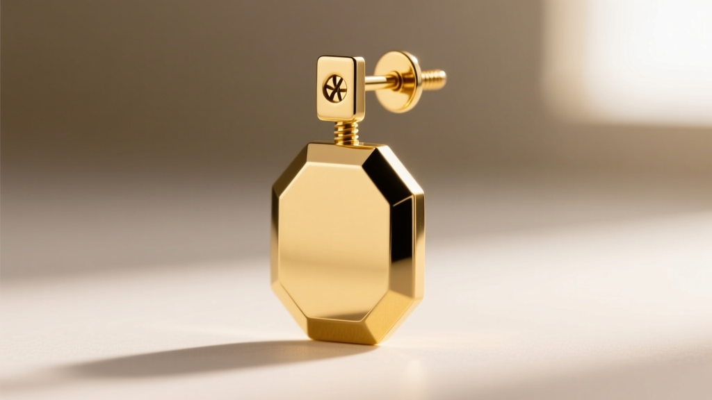 Side profile of a heavy 18-gauge solid gold octagon drop earring, showcasing the thick post and secure screw-back threading