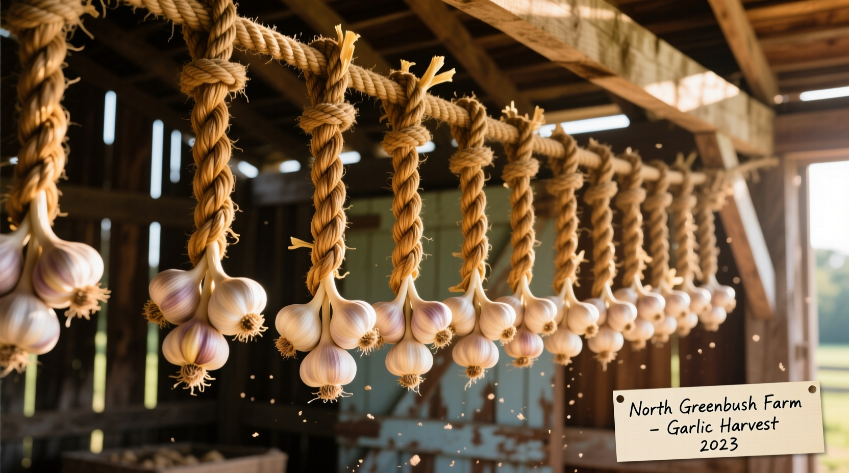Geflochtene Knoblauchzöpfe an einem deutschen Bauernhof