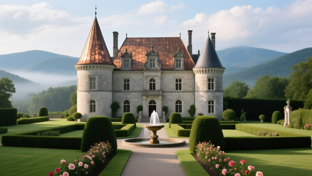 French Renaissance chateau of Indiana limestone with a steep copper roof, surrounded by manicured gardens and Blue Ridge mountains