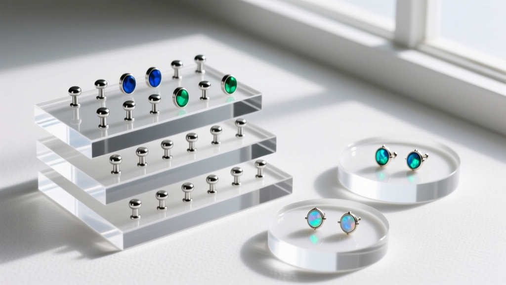 Stackable acrylic jewelry trays with narrow slots for 16-gauge titanium barbells and small circular wells for opal stud earrings