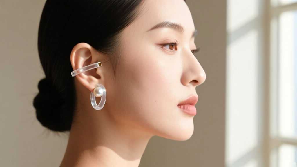 Side profile of a woman wearing a pearl drop clip earring, highlighting the discreet clear resin cuff and comfortable earlobe fit.