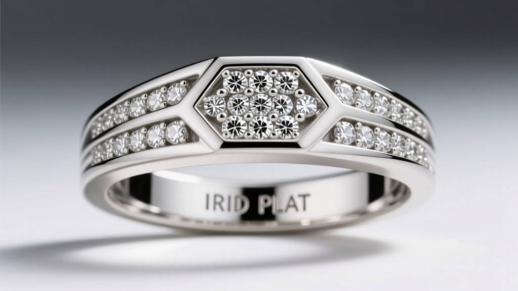 Art Deco platinum ring profile showing geometric diamonds and a faint IRID PLAT stamp visible on the inner polished shank band