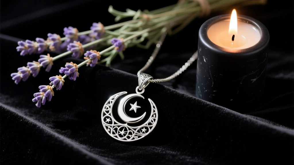 Sterling silver triple moon goddess pendant resting on dark velvet beside dried lavender and a lit black candle in moody lighting.