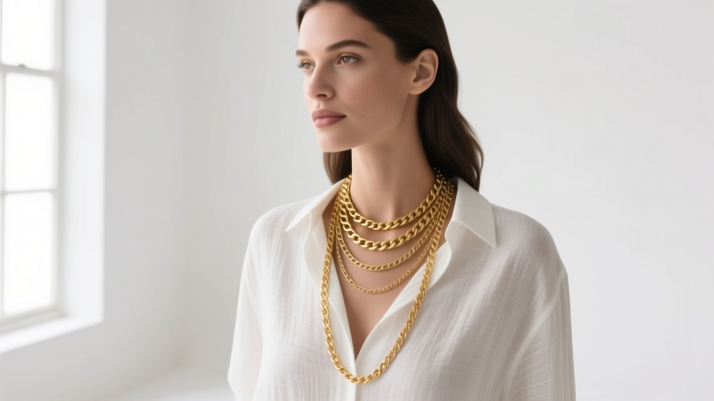 Woman wearing layered delicate Italian gold Franco and Mariner chains against a crisp white linen shirt in soft natural daylight.