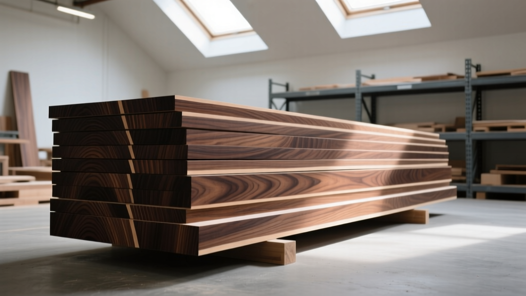 Stacks of premium FAS grade black walnut lumber showing rich dark heartwood and straight grain in a professional woodworking shop