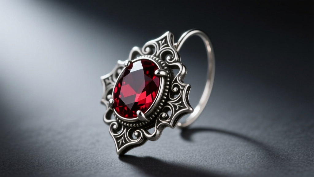 Macro shot of a handcrafted FFXI brutal earring replica in oxidized silver with a deep red spinel cabochon on a dark jeweler's bench.