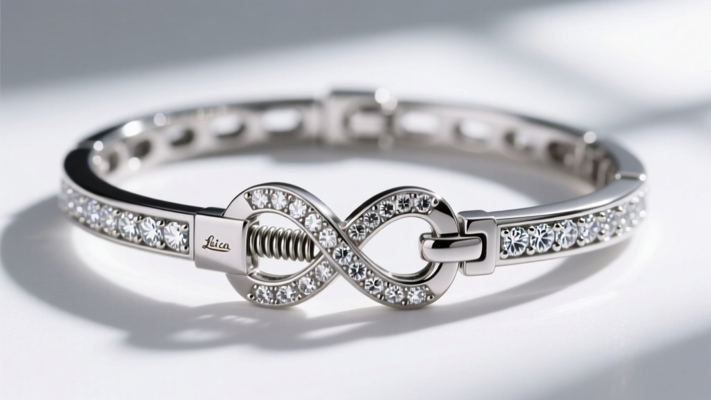 Macro photo of an open box clasp with figure-8 safety on a diamond jewelry bracelet showing the internal spring tension tab