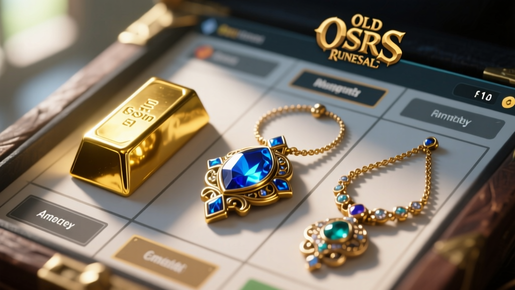 Close-up OSRS inventory screen showing a gold bar, sapphire, and necklace mould highlighted for an amulet crafting setup