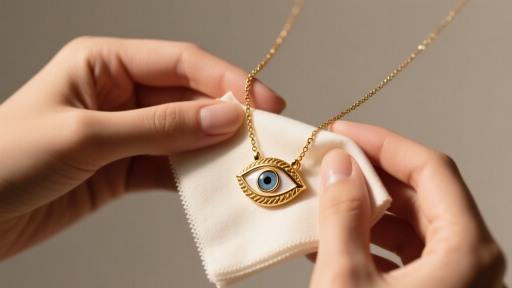 Hands gently wiping a gold vermeil evil eye necklace with a lint-free microfiber cloth under warm, directional studio lighting