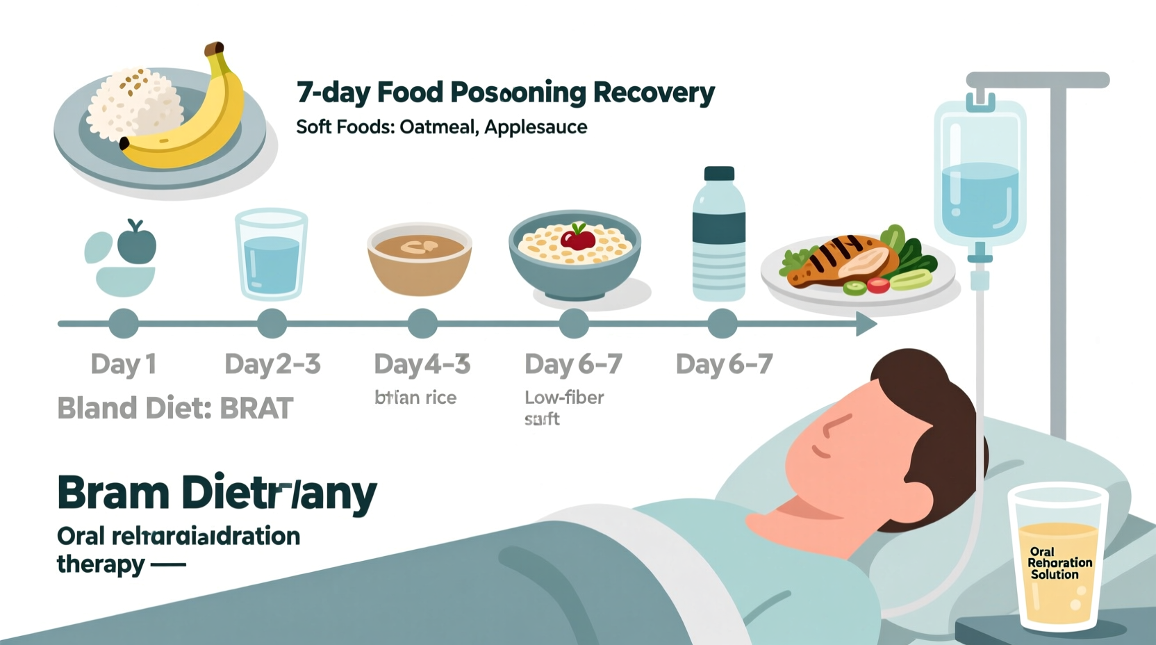 Food poisoning recovery timeline showing hydration and diet progression