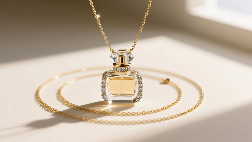 Layered necklace featuring a mid-century rhinestone perfume bottle pendant paired with a delicate gold-filled satellite chain.