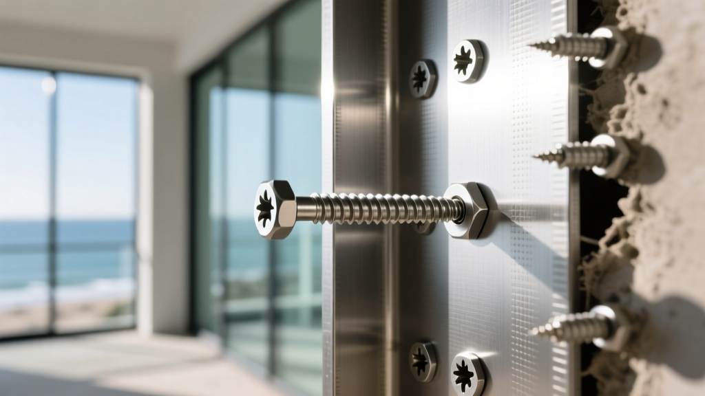 Close-up of 316-grade stainless steel wall studs being installed in a coastal high-rise, showing metallic sheen and specialized self-drilling screws