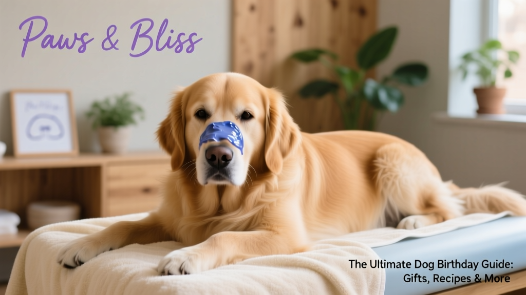 Dog relaxing on a soft towel during a gentle facial treatment, with blueberry-infused paste visible on muzzle