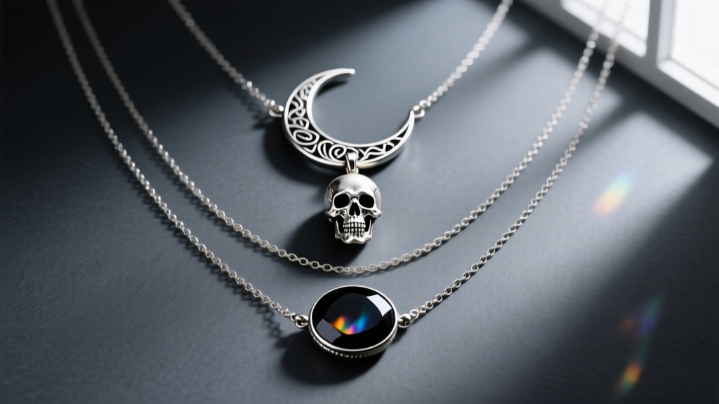 Flat lay of three layered gothic necklaces featuring a crescent moon, a tiny skull, and an onyx gemstone on dark slate background