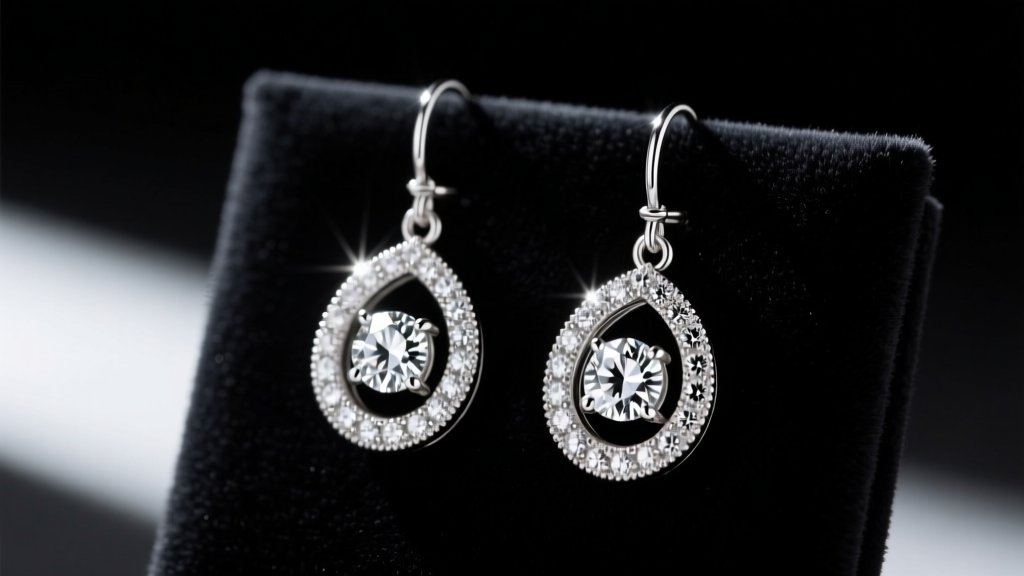 Close-up of elegant 925 sterling silver diamond dangle earrings catching the light on a dark velvet jewelry display pad