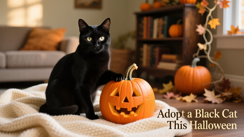 A friendly black cat sitting calmly on a cozy blanket beside a pumpkin, symbolizing Halloween and adoption