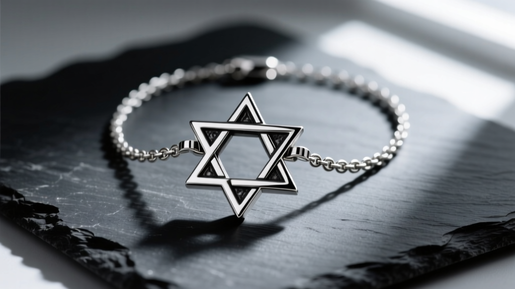 Sterling silver Chrome Hearts Star of David necklace on dark slate, showing oxidized crevices and bright polished edges.