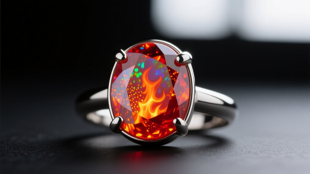 Macro shot of an Ethiopian hydrophane opal gemstone in a 20-gauge sterling silver bezel, showing fiery red and orange flashes.