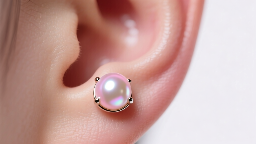 Close-up of an earlobe wearing a 9mm baroque pearl stud, soft studio lighting highlighting the iridescent pink overtone of the gem.