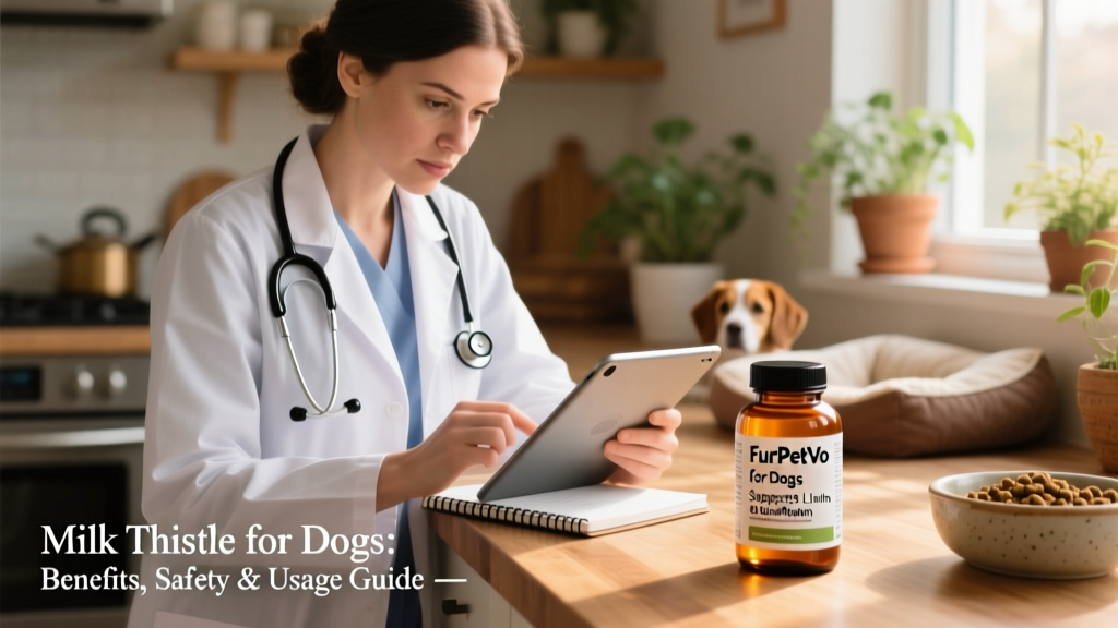 Photograph of a veterinarian reviewing lab results alongside a FurPetVo milk thistle supplement bottle