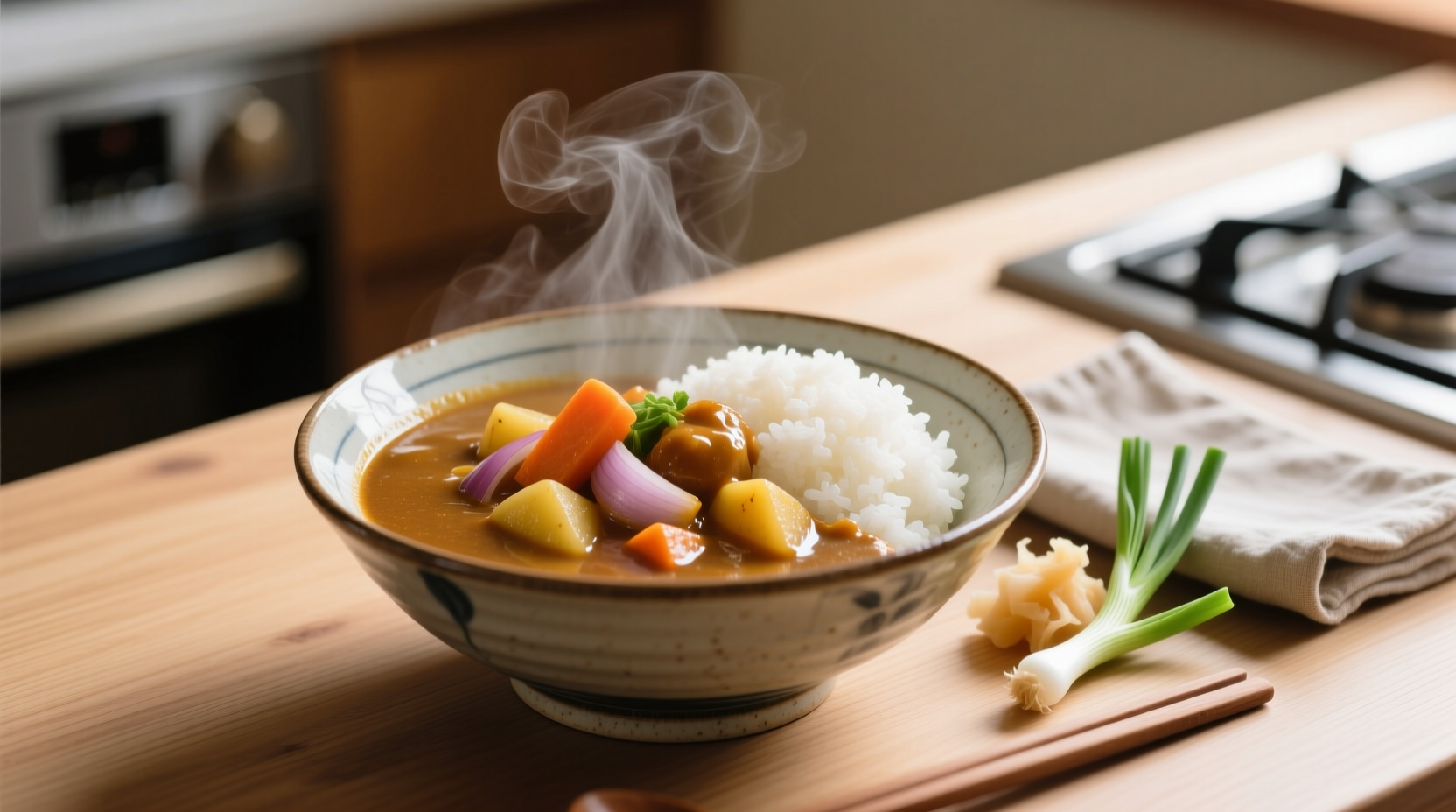 Japanese curry served with rice and vegetables