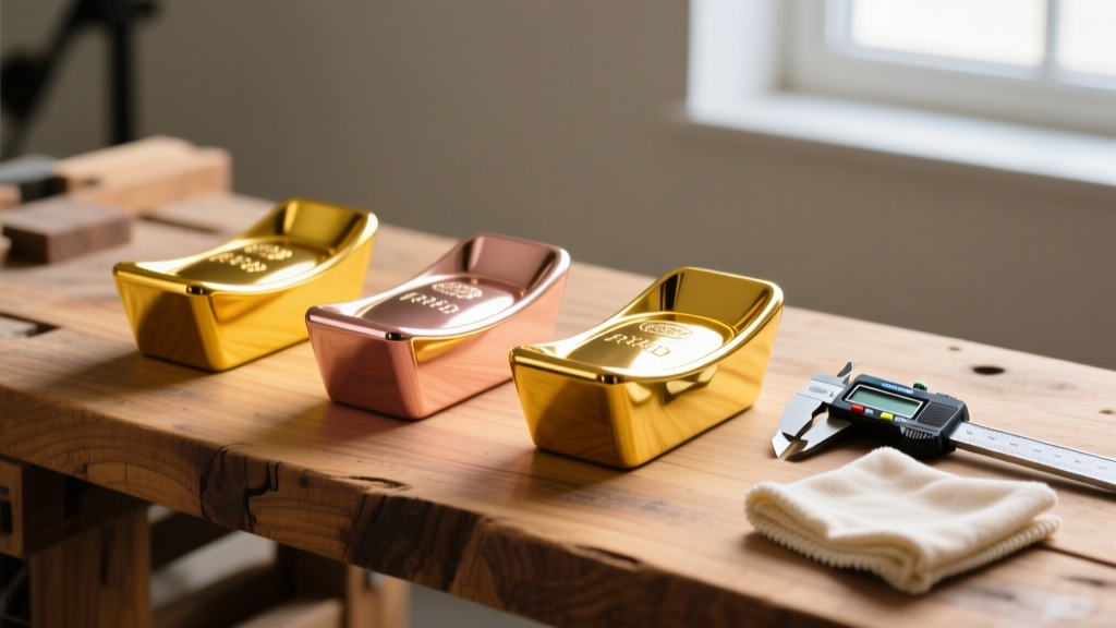 Yellow, rose, and white gold ingots on a wooden workbench, placed beside a digital caliper and a folded microfiber polish cloth.