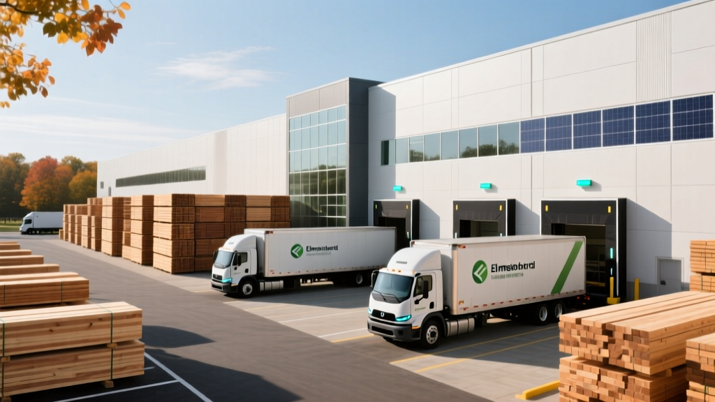 Exterior view of a large building materials distribution warehouse in Elmsford New York with stacked lumber and delivery trucks in 2026
