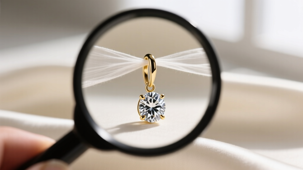 Loupe examining martini prongs of a diamond drop earring, revealing a lifted prong tip catching on a silk fabric background.