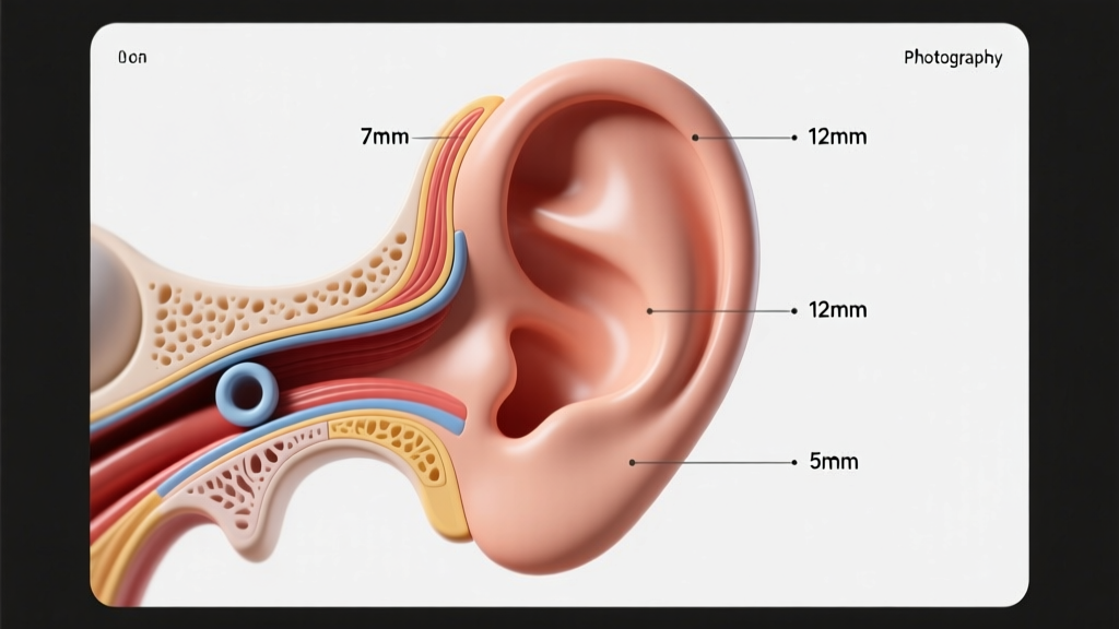 Anatomical diagram of the human ear highlighting the lobe, helix, and tragus with corresponding millimeter earring size callouts