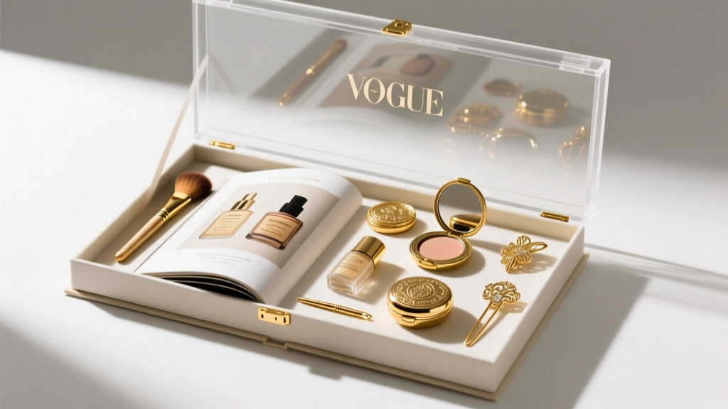 Archival acid-free box with UV-blocking acrylic lid, holding a beauty collector book and separated gold-plated accessories.