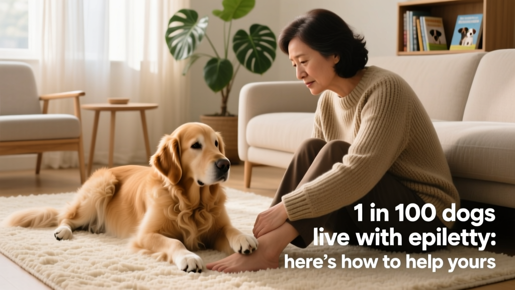 A calm, attentive dog resting beside its owner on a living room rug