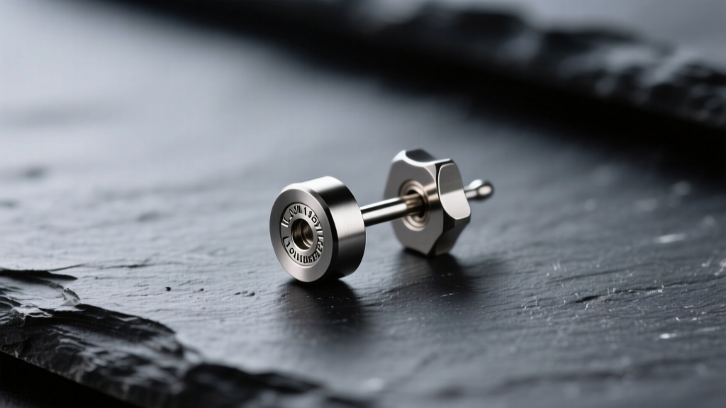 Macro shot of a 20g ASTM F136 titanium earring post with a secure La Pousette locking back resting on a dark slate surface.
