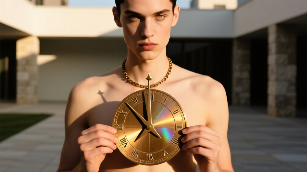 Person holding a bronze sundial necklace in sunlight, aligning the gnomon to read solar time on the engraved circular metal dial.