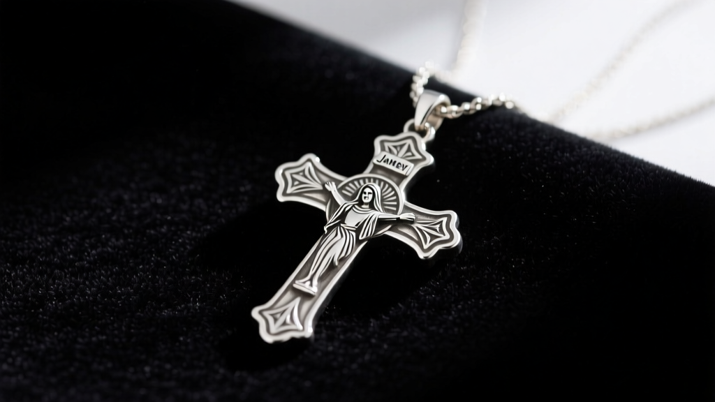 Vintage sterling silver St Teresa cross pendant by James Avery resting on dark velvet under soft, directional studio lighting.