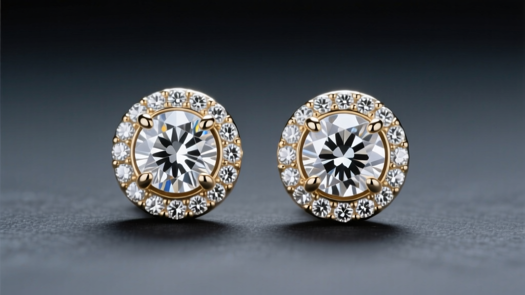Macro shot of 14k white gold halo stud earrings with a lab-grown diamond center and micro-pave accents on dark slate